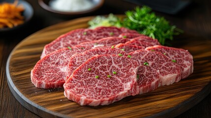 Fototapeta premium Premium Wagyu Beef Slices Artfully Arranged on Wooden Board Surrounded by Herbs and Seasonings Ready for Culinary Masterpiece