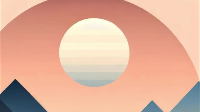 Minimalist geometric scene sunset behind mountains