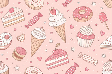Dessert Pattern with Hand-Drawn Sweets on Pastel Pink Background