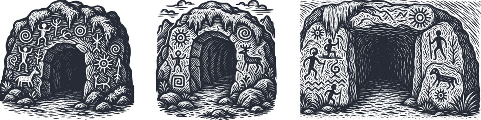 Black Engraving Woodcut of Ancient Stone Cave with Tribal Carvings – Brush Grain Texture – Historical Illustration for Vintage Postal Stamp or Antique Etching Design Collection