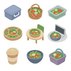 Salad Bowl Icon Set. Isometric Flat icon set of salad bowl occasions: lunch box, picnic basket, meal prep container, party platter