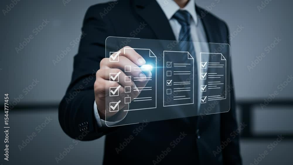 Poster digital checklist: businessman completing tasks on virtual interface | business process, audit, comp