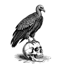 A haunting image of a vulture perched atop a human skull, rendered in stark black and white, evoking a sense of mortality, death, and foreboding.