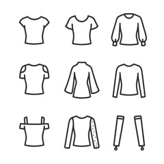 Sleeve Variations Icon Set. Outline icon set of sleeve variations: cap sleeves, flutter sleeves, bishop sleeves, cold-shoulder,