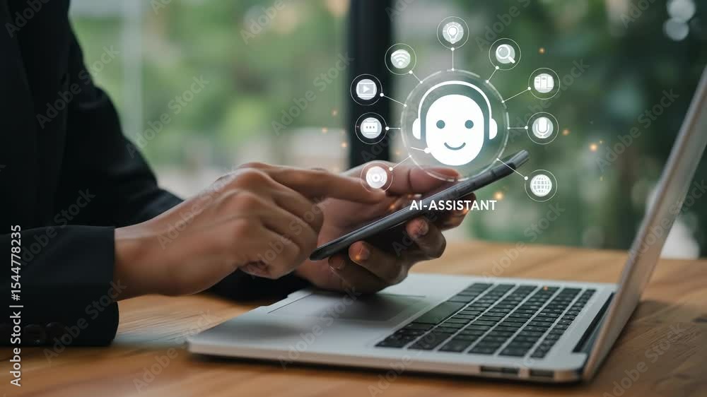 Poster ai assistant: businessman using smartphone with ai tech, virtual assistant, & automation