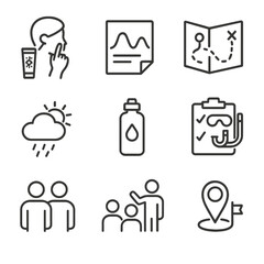 Snorkeling Trip Essentials. Outline icon set of snorkeling trip preparation: sunscreen application, tide chart, route map, weather