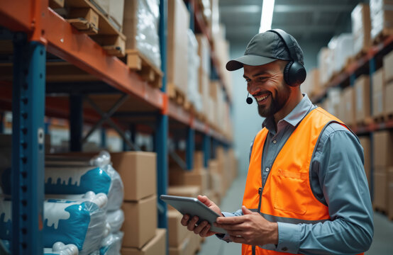 Smiling logistics worker uses headset tablet in storage warehouse. Man in orange vest controls shipment, delivery. Happy worker in warehouse with tablet, supervisor, logistics. Cargo, distribution,