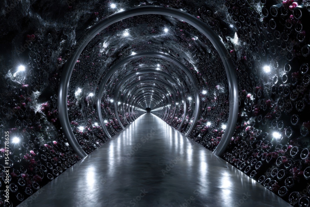 Poster exploring a futuristic tunnel with glowing lights and intricate designs in an abstract environment