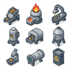Fototapeta premium Space Ore Processing Icons. Isometric Flat icon set of in-space ore processing: crusher unit, smelter furnace, magnetic separator,