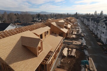 Fototapeta premium Residential construction site with rows of framed houses on sloped terrain