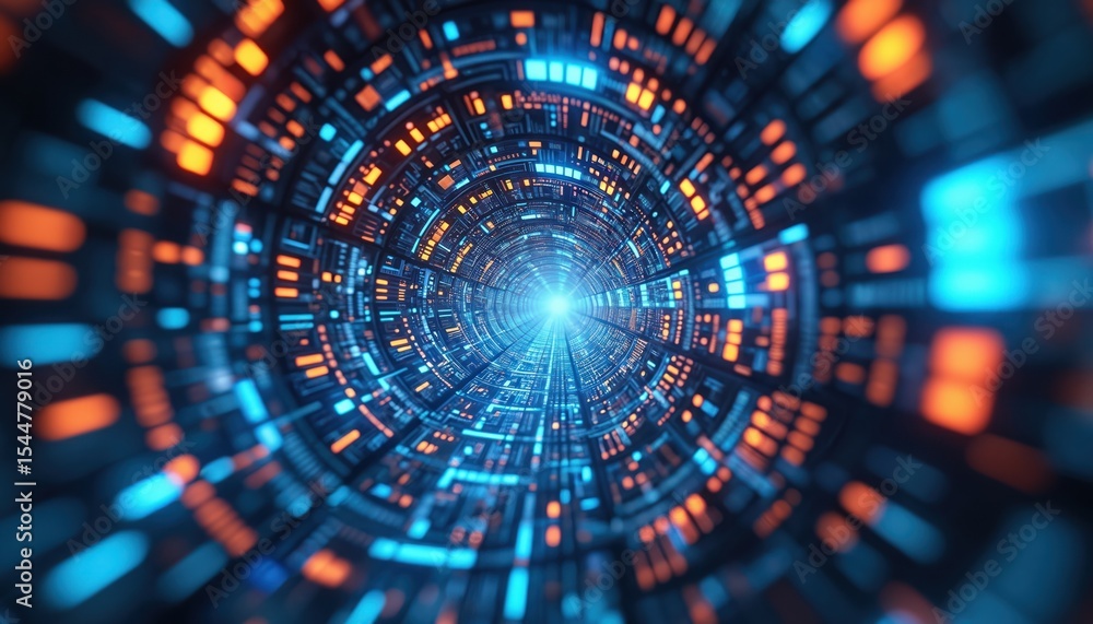 Poster futuristic digital tunnel with data streams. modern tech concept with abstract light flows, orange a