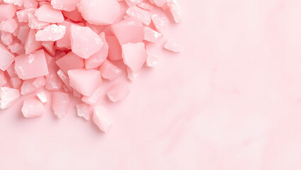 Crushed rose quartz crystals on pink marble texture, wellness background for spa websites or crystal healing Instagram posts
