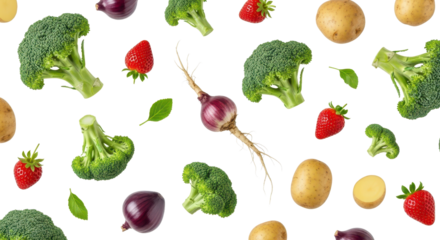 Pattern of potatoes, broccoli, strawberries and red onion isolated PNG with Transparent Background