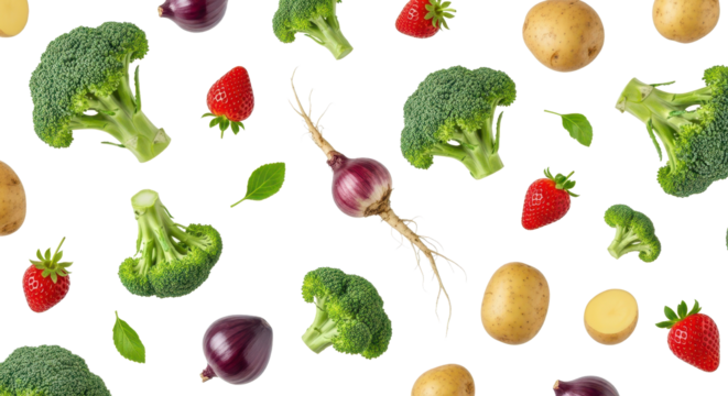 Pattern of potatoes, broccoli, strawberries and red onion isolated PNG with Transparent Background - Powered by Adobe
