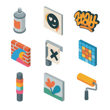 Street Art Icons. Isometric Flat icon set of street art elements: spray can, stencil art, graffiti tag, mural wall, wheatpaste