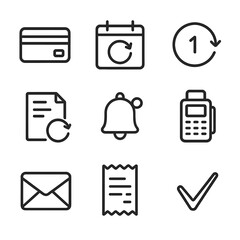 Subscription Icon Set. Outline icon set of subscription renewals: credit card, renewal calendar, circular arrow, invoice document,
