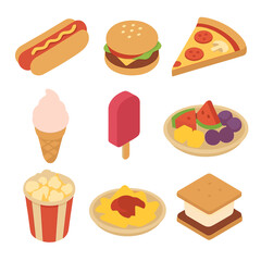 Summer Snacks Icons. Isometric Flat icon set of summer snacks: hot dog, burger, pizza slice, ice cream cone, popsicle, fruit