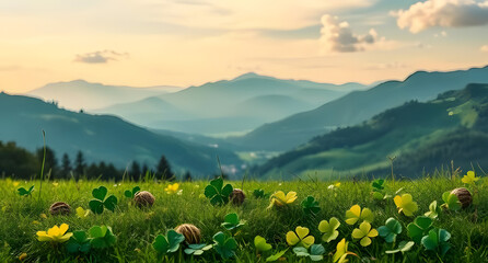 Double exposure scene of clovers scattered on grass for Oktoberfest overlooking mountain valley, depicted in acrylic pour