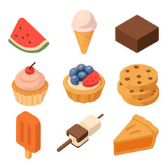 Summer Picnic Desserts. Isometric Flat icon set of summer picnic desserts: watermelon slice, ice cream cone, brownie square,