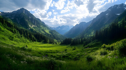 Fototapeta premium A panoramic view of lush green alpine meadows nestled between two towering mountain ranges with scattered trees and wildflowers.