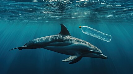 Naklejka premium Dolphin Swimming Gracefully Underwater with Plastic Bottle Floating Above a Clear Blue Ocean Environment Capturing Marine Pollution Awareness