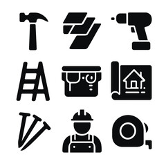 Roof Installation Icons. Solid, filled icons set of roof installation steps: hammer, shingles, power drill,