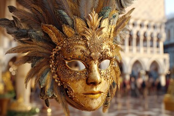 Celebrate Venice Carnival with a golden carnival mask embellished with colorful feathers on a charming Venetian setting. Generative Ai