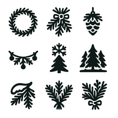 Seasonal Pine Decorations. Solid, filled icons set of seasonal pine decorations: pine wreath, branch bundle,