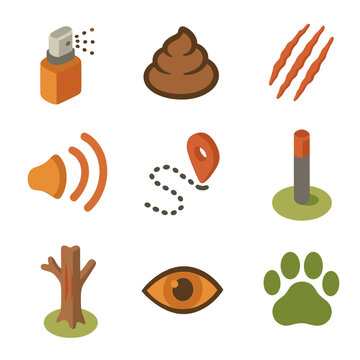 Territorial Markers Icons. Isometric Flat icon set of territorial markers: scent spray, dung pile, scratch mark, roar echo, patrol