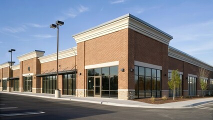Modern brick retail building with large windows and clear skies.