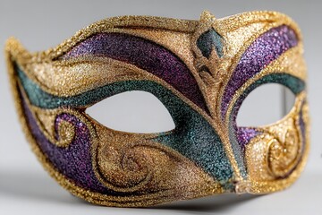 A glittering Mardi gras mask in shades of gold, purple, and green, set against a white backdrop. Generative Ai