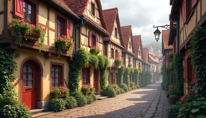 Charming medieval town street with colorful half-timbered houses. Cobblestone pathway with blooming flowers. Traditional European travel destination with historic architecture. Quaint vintage