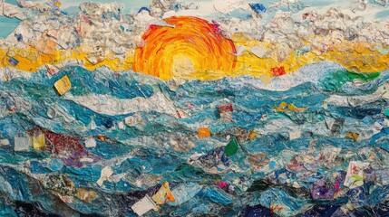 Colorful sunset over ocean waves made with recycled materials showcasing environmental art highlighting pollution and sustainability concepts in vibrant imagery