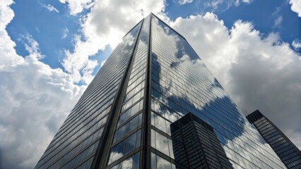 Modern skyscraper reflecting clouds in a blue sky.