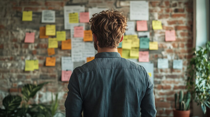 a startup founder brainstorming ideas with sticky notes on wall