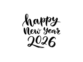 Black brush calligraphy lettering banner with Happy New Year 2026 text. Bold vector typography design perfect for seasonal greetings and festive decorations.