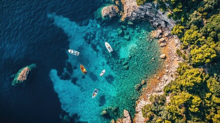 Aerial View of Calm Turquoise Seaside with Small Boats, Rocky Shore and Lush Green Trees in Bright Sunshine on a Beautiful Summer Day