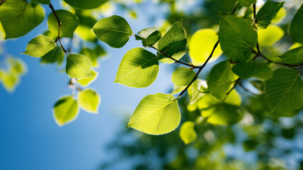 緑葉越しに見上げる夏の青空