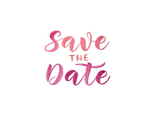 Watercolor brush pen lettering “Save the Date” phrase designed for wedding invitation card artwork, elegant romantic calligraphy on clean transparent background