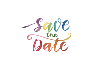 Watercolor calligraphy of Save the Date text elegantly painted on white background, ideal for minimalist wedding invitations and event announcement cards