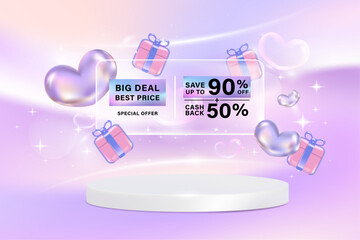 3D product display podium. Composition design with transparency coupon discount and gifts and heart shape chrome color. Sale banner template design for web or social media. Vector banner template.