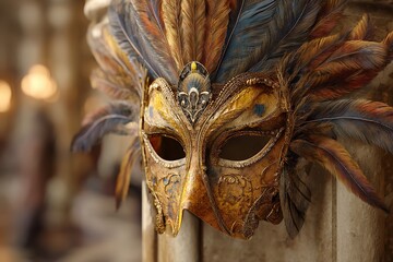 Celebrate Venice Carnival with a golden carnival mask embellished with colorful feathers on a charming Venetian setting. Generative Ai