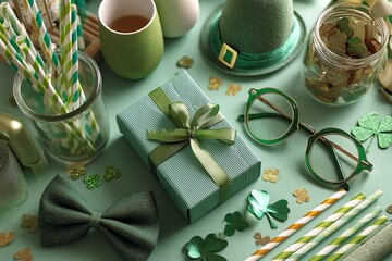 Green ribbon-adorned gift box, This is a top view of the green party glasses with hat decorations for St. Patrick's Day. Generative Ai