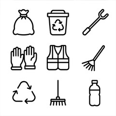 Volunteer Cleanup Icons. Outline icon set of volunteer cleanup drives: trash bag, recycling bin, litter picker, gloves, safety