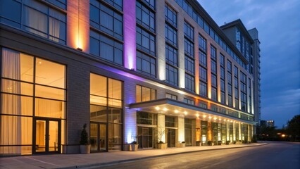 Modern hotel exterior lit up at night with vibrant colors.