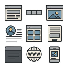 Web Design Icons. Flat icon set of personal website elements: homepage layout, navigation bar, hero image, about section,