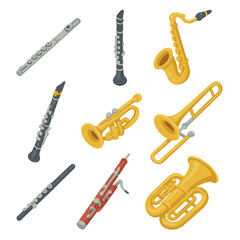 Wind Instruments Icons. Isometric Flat icon set of wind instruments: flute, clarinet, saxophone, oboe, trumpet, trombone, piccolo,