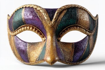 A glittering Mardi gras mask in shades of gold, purple, and green, set against a white backdrop. Generative Ai