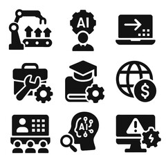 Technological Impact Icons. Solid, filled icons set of technological impact: automation icon, AI jobs, digital