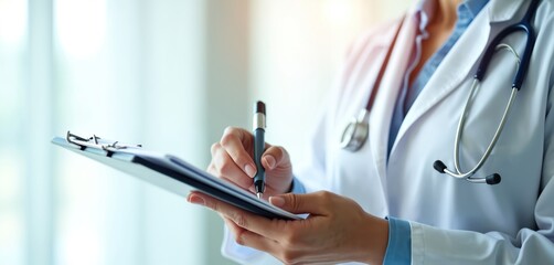 Female doctor takes notes, close-up shot. Physician writes medical form. Stethoscope, white coat. Health care pro work in hospital environment. Medical documentation, clinic, work.